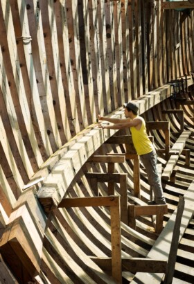 Shipwright work at the new built of a 40m sailing cargo ship for SAILCARGO INC