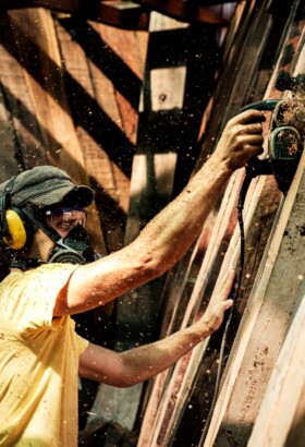 Shipwright work at the new built of a 40m sailing cargo ship for SAILCARGO INC