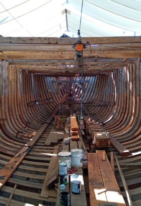Shipwright work at the new built of a 40m sailing cargo ship for SAILCARGO INC